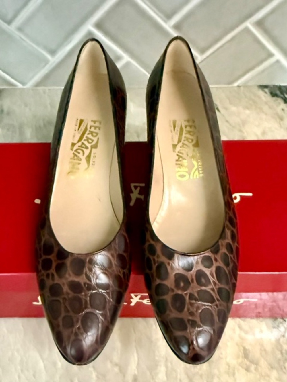 Salvatore Ferragamo Brown Croc Leather Low-Heel Pump 8AA